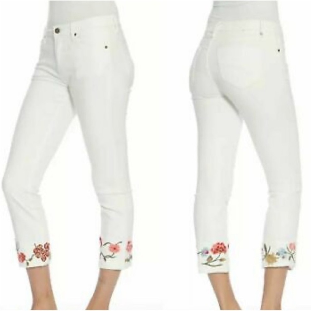 White Floral Embroidered Crop Women Jeans